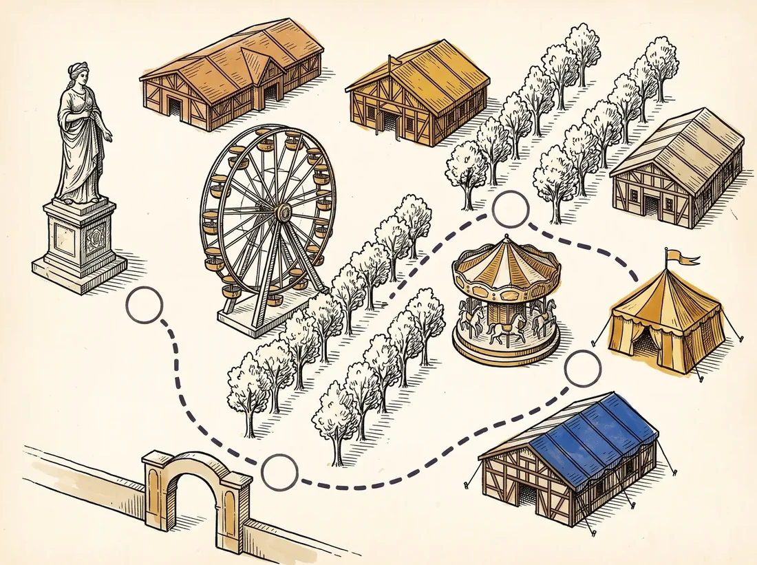 Hand-drawn bird's-eye pictorial map of the Oktoberfest fairground with tents, a Ferris wheel, tree-lined avenues, the Bavaria statue, and a dashed route running from the entrance to one highlighted tent.