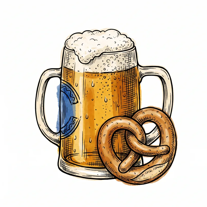 Ink illustration of a one-liter Bavarian beer stein with a pretzel leaning against it.