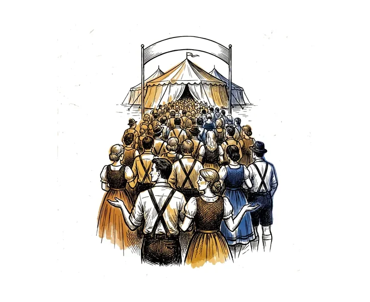 Ink illustration of a dense crowd in traditional dress pressing toward a tent entrance, one couple turning away at the edge.